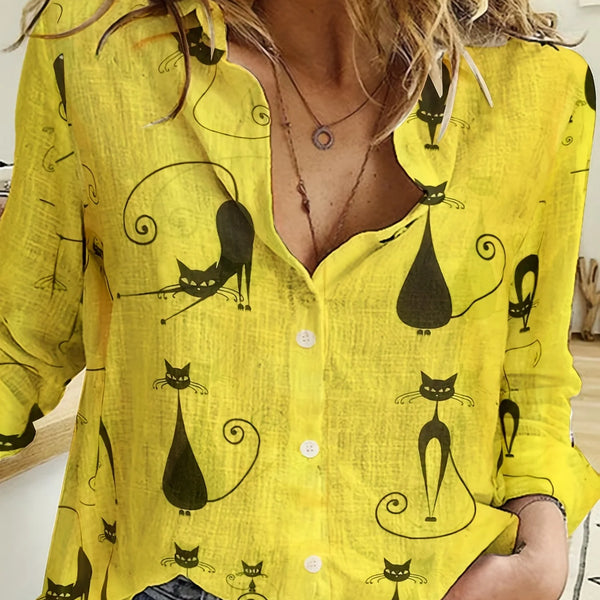 Women's Shirt Fashion Clashing Color Patchwork Shirt Top Temperament Sense Long Sleeve Cat Shirt 2023 Autumn Brand Design Shirt