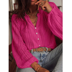 Women Autumn Blouses and Shirts Lace Hollow Out Long Sleeve V-neck Single Breasted Shirt Tops Blusas de mujer