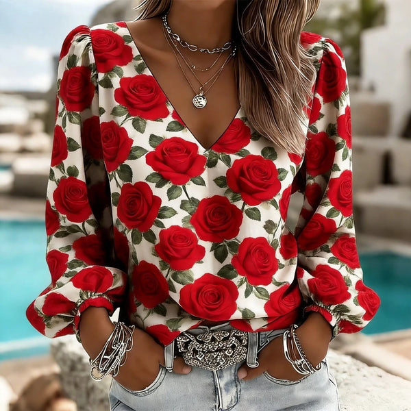 Women's V Neck Puff Sleeve Blouse Chic Blue Hydrangea Floral Print Lightweight Flowy Casual Top Breathable Vacation Office Shirt