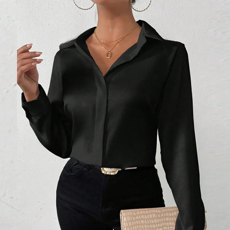 Women Long Sleeve Silk Shirt Female Fashion Turn Down Collar Button Blouse Women Elegant Satin Tops Office Lady Shirt