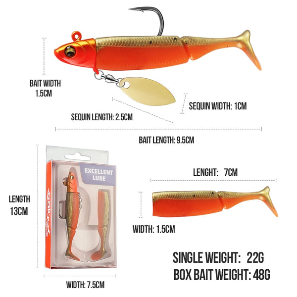 TAIYU Hot Sale Fishing Lures 20g Jig Head T-tail Silicone Soft Lure Wobbler Metal Spinner Spoon Bait For Pike Trout Bass Fishing
