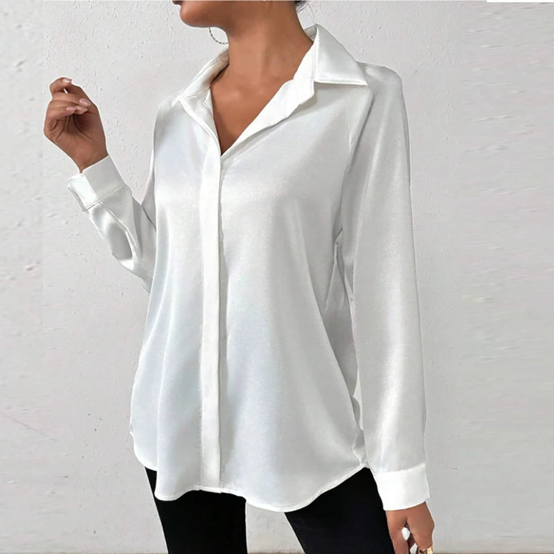 Women Long Sleeve Silk Shirt Female Fashion Turn Down Collar Button Blouse Women Elegant Satin Tops Office Lady Shirt