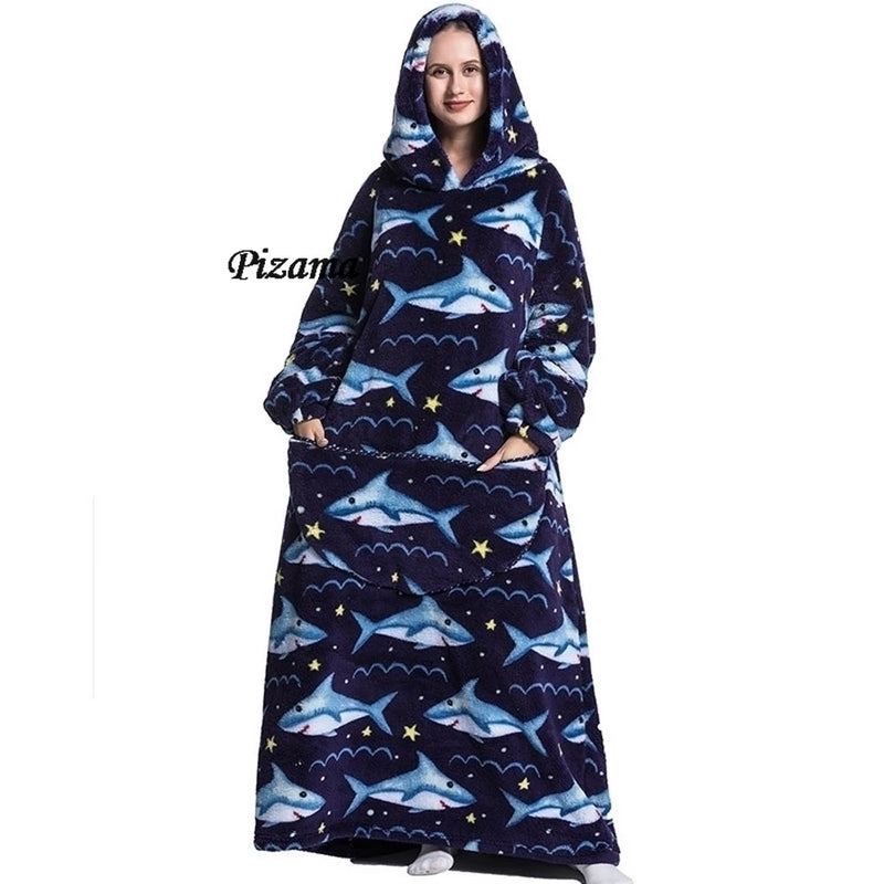 Sweatshirt Women Plus Size Clothes Blue Extra Long Winter Warm Tv Blankets Wearable Sherpa Oversized Hoodies Winter Clothes