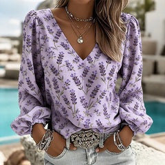Women's V Neck Puff Sleeve Blouse Chic Blue Hydrangea Floral Print Lightweight Flowy Casual Top Breathable Vacation Office Shirt