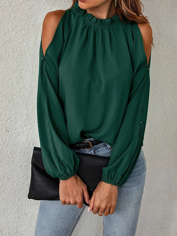 Sexy Off Shoulder Women's Blouse 2023 Spring Autumn Long Sleeve Casual Loose Shirt Black Green Tops Office Ladies Blouses