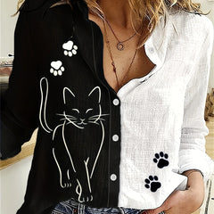 Women's Shirt Fashion Clashing Color Patchwork Shirt Top Temperament Sense Long Sleeve Cat Shirt 2023 Autumn Brand Design Shirt