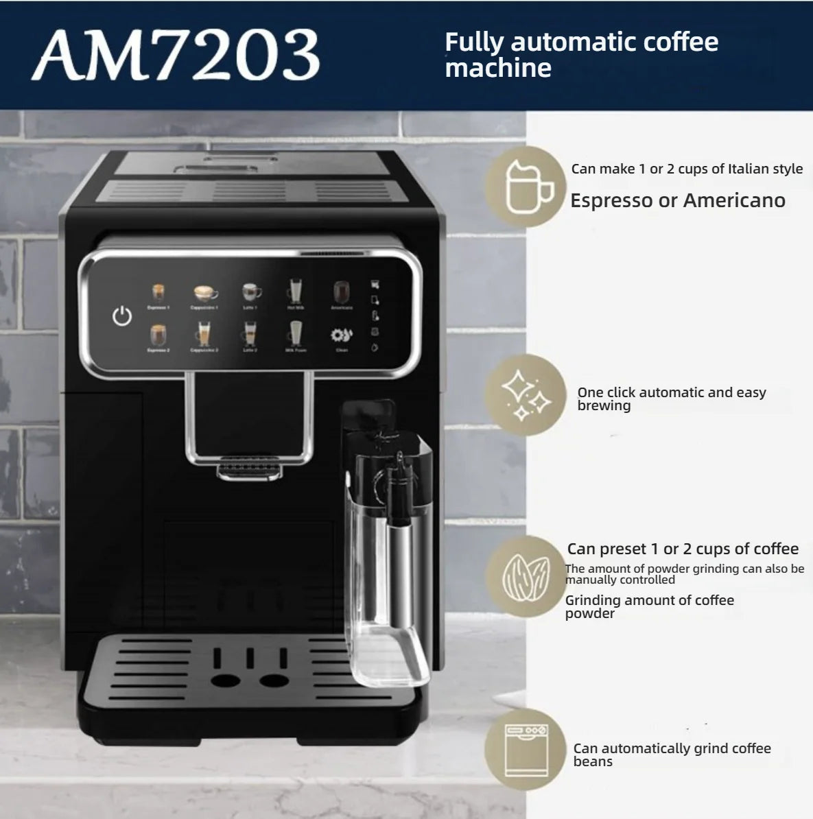 CAFOVO AE01 Fully Automatic Coffee Machine Bean to Cup One Touch Espresso Americano Maker with Milk Frother 1350W