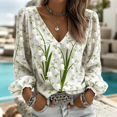 Women's V Neck Puff Sleeve Blouse Chic Blue Hydrangea Floral Print Lightweight Flowy Casual Top Breathable Vacation Office Shirt