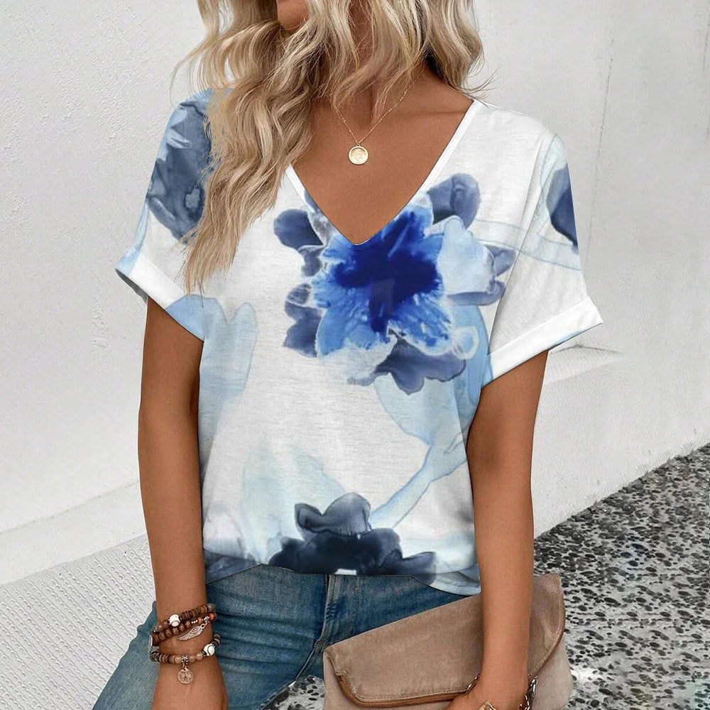 Women's T-Shirt Summer V-Neck T Shirt For Women Daily Fashion Short Sleeve Casual T-Shirt 3d Print Female Clothes