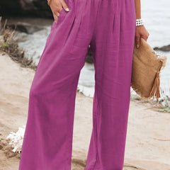 Women's casual pants with drawstring, mid waist, beach wide leg, spring and summer, European and American pants