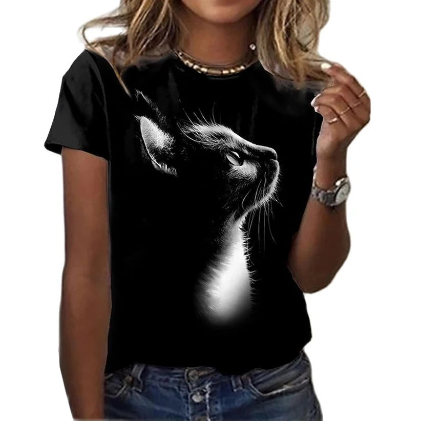 Women's T Shirt Fashion Blouse Short Sleeve T Shirt For Women 3d Cat Print Black Kawaii T Shirt Women's Oversized Summer Top