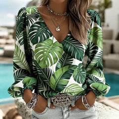 Women's V Neck Puff Sleeve Blouse Chic Blue Hydrangea Floral Print Lightweight Flowy Casual Top Breathable Vacation Office Shirt