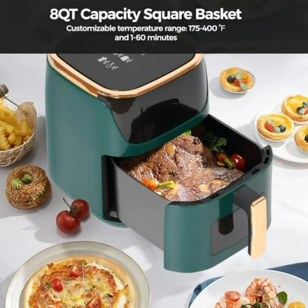 8QT Large Air Fryer with 8 Preset Menus One-Touch Digital Control Touchscreen Display Nonstick Green Finish Dishwasher Safe Com