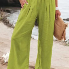 Women's casual pants with drawstring, mid waist, beach wide leg, spring and summer, European and American pants