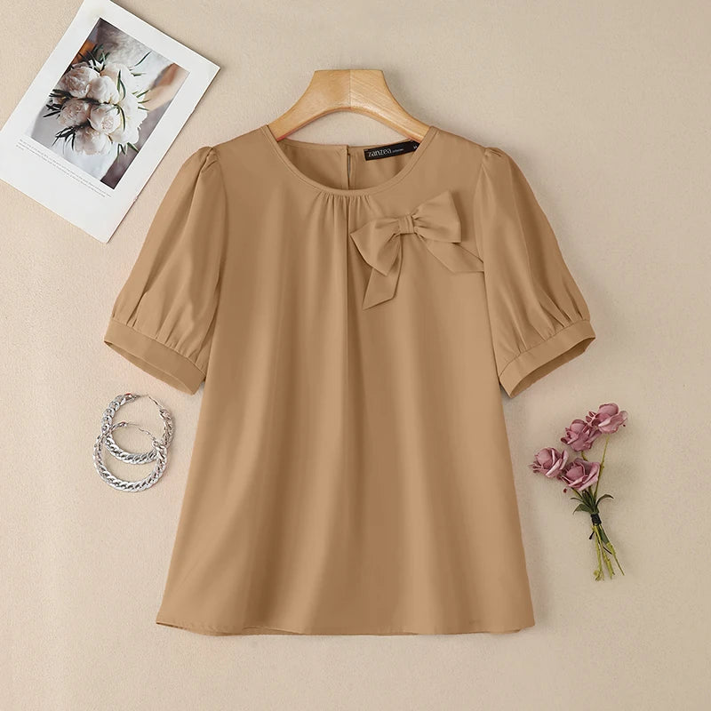2026 Summer Blouse ZANZEA Women Elegant Office Work Shirts O Neck Short Sleeve Tops Casual Solid Shirt Bow Blusas Mujer Oversize