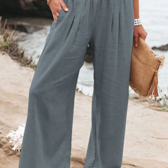 Women's casual pants with drawstring, mid waist, beach wide leg, spring and summer, European and American pants