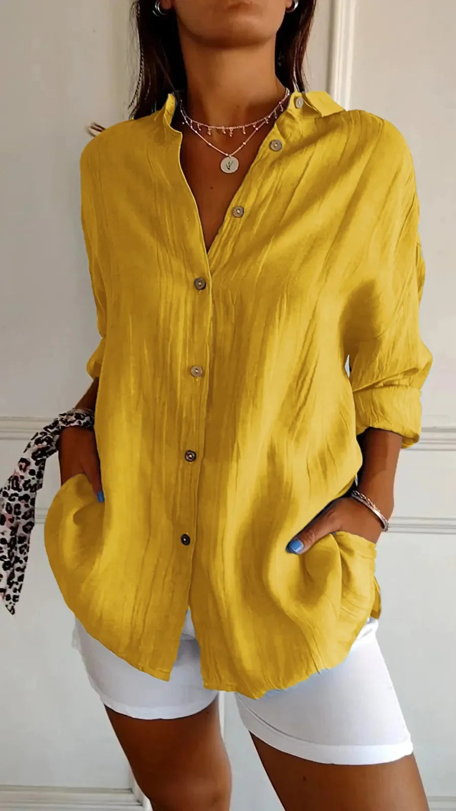 New Women's Shirt Casual Lapel Pleated Single-Breasted Button Solid Color Shirt Office Street Tops Blouses for Female
