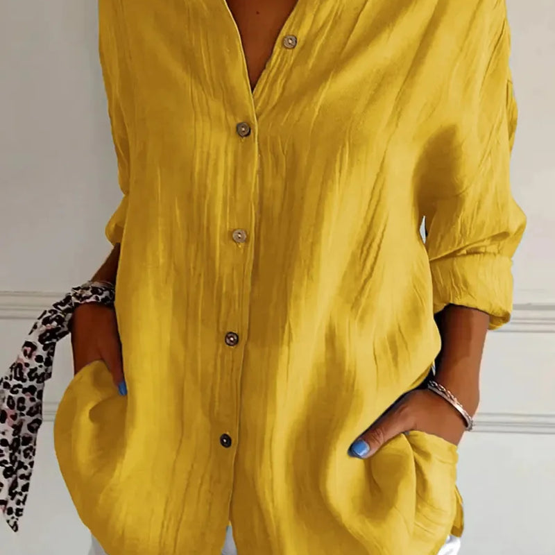 New Women's Shirt Casual Lapel Pleated Single-Breasted Button Solid Color Shirt Office Street Tops Blouses for Female