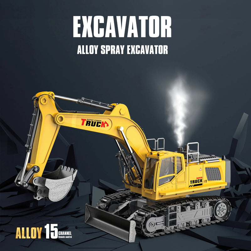 1/18 RC Excavator Alloy Electric Toy Spray with Light 15/13/12 Channel Kids Simulation Remote Control Car RC Truck Toys for Boys