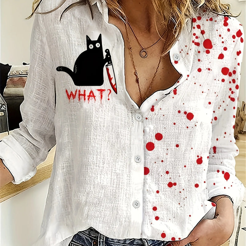 Women's Shirt Fashion Clashing Color Patchwork Shirt Top Temperament Sense Long Sleeve Cat Shirt 2023 Autumn Brand Design Shirt