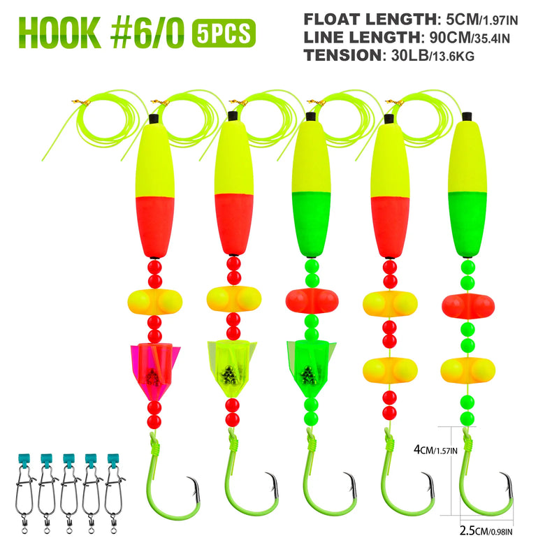 PROBEROS 5pcs Catfish Float Rigs with Rattler 6/0-10/0 Hooks Noise-Attracting Catfishing Equipment for Freshwater Lake Fishing