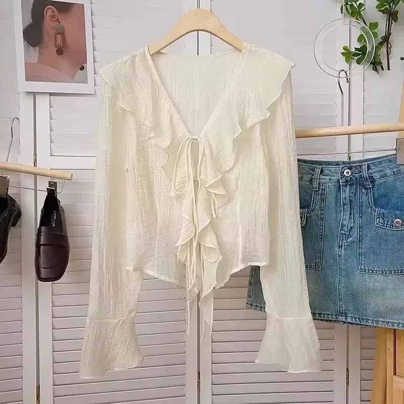 All-match Lace-Up Blouses for Women Spring 2025 Women Solid Long Sleeve V Neck Ruffle Shirt Office Casual Blouse Blusas Mujer