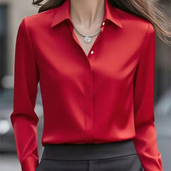 2025 New Women's Long-sleeved Shirt 10 Color Lapel Satin Button Cardigan Office Commuting Elegant Simple Top Basic Blouses
