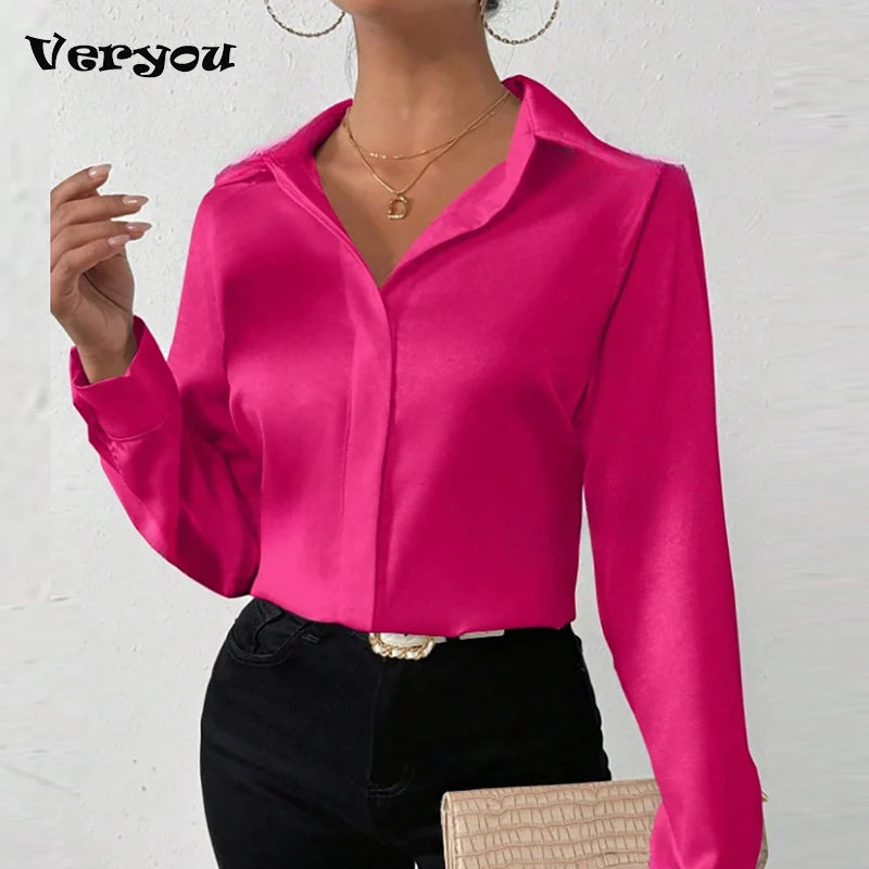 Women Long Sleeve Silk Shirt Female Fashion Turn Down Collar Button Blouse Women Elegant Satin Tops Office Lady Shirt