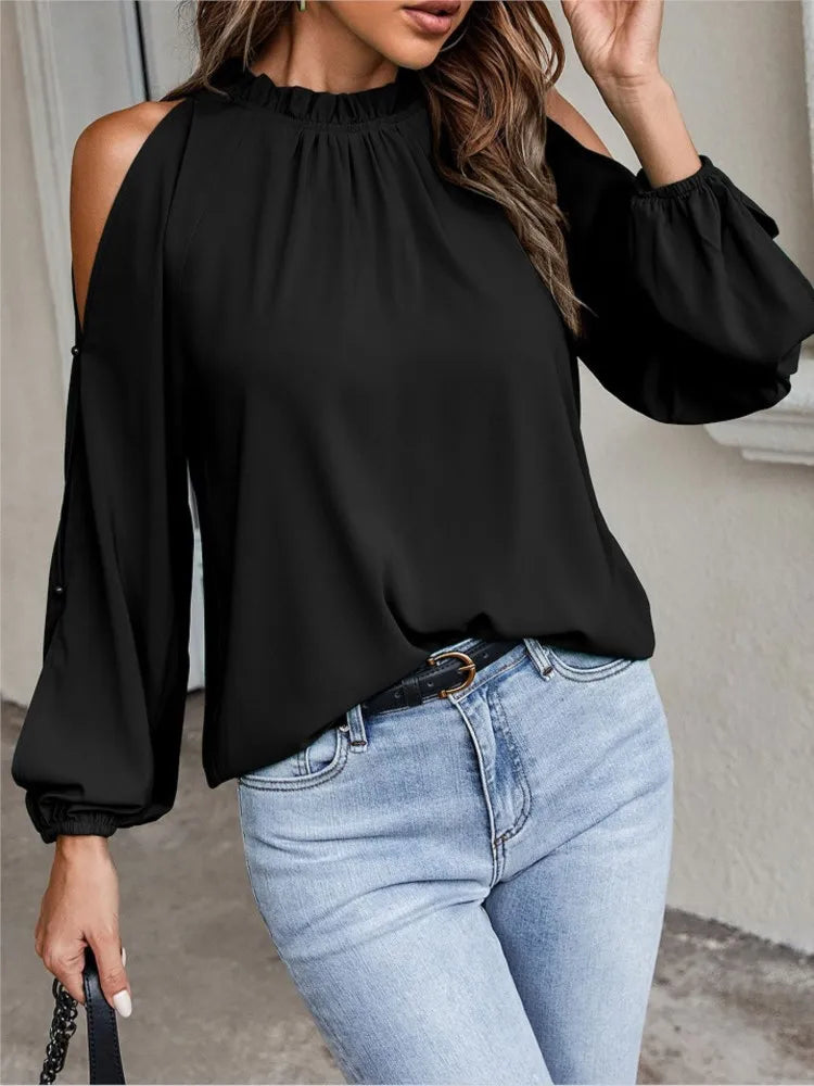 Sexy Off Shoulder Women's Blouse 2023 Spring Autumn Long Sleeve Casual Loose Shirt Black Green Tops Office Ladies Blouses