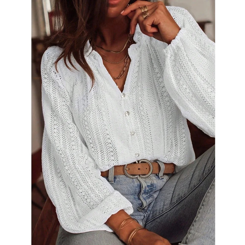 Women Autumn Blouses and Shirts Lace Hollow Out Long Sleeve V-neck Single Breasted Shirt Tops Blusas de mujer