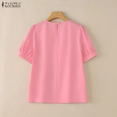 2026 Summer Blouse ZANZEA Women Elegant Office Work Shirts O Neck Short Sleeve Tops Casual Solid Shirt Bow Blusas Mujer Oversize