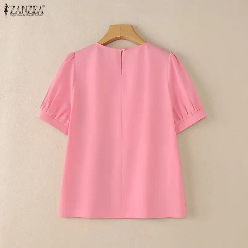 2026 Summer Blouse ZANZEA Women Elegant Office Work Shirts O Neck Short Sleeve Tops Casual Solid Shirt Bow Blusas Mujer Oversize