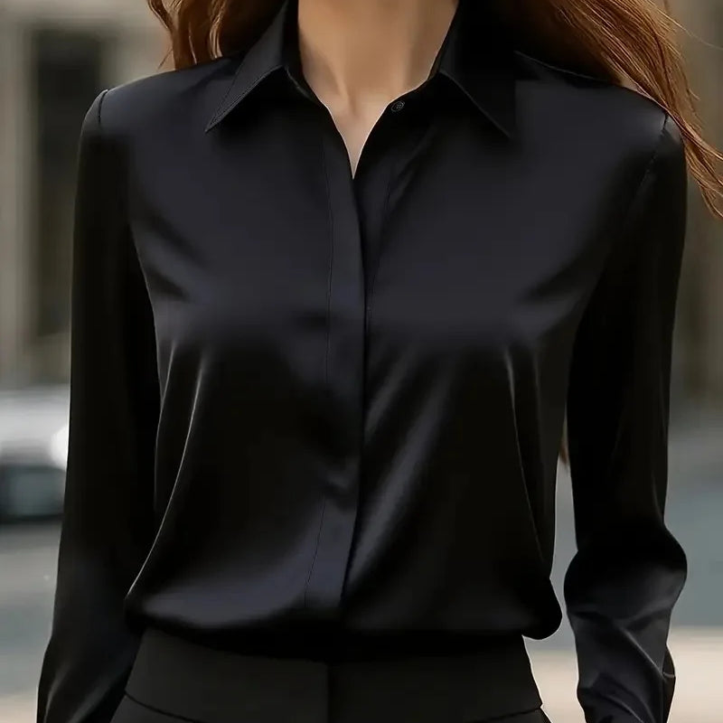 2025 New Women's Long-sleeved Shirt 10 Color Lapel Satin Button Cardigan Office Commuting Elegant Simple Top Basic Blouses