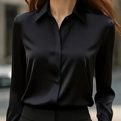 2025 New Women's Long-sleeved Shirt 10 Color Lapel Satin Button Cardigan Office Commuting Elegant Simple Top Basic Blouses