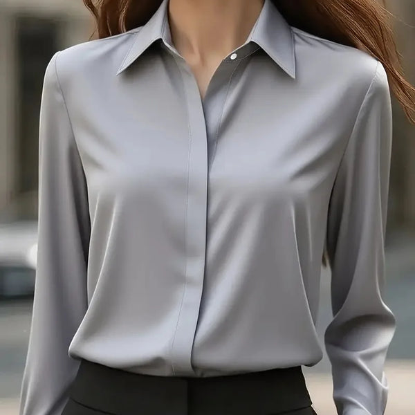 2025 New Women's Long-sleeved Shirt 10 Color Lapel Satin Button Cardigan Office Commuting Elegant Simple Top Basic Blouses
