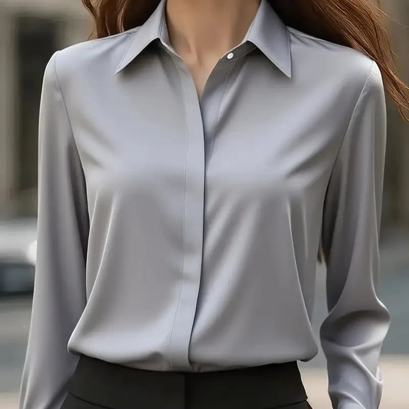 2025 New Women's Long-sleeved Shirt 10 Color Lapel Satin Button Cardigan Office Commuting Elegant Simple Top Basic Blouses