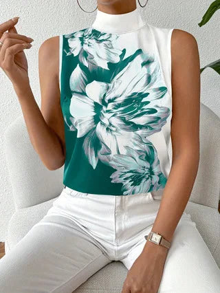 New In Elegant Blouses For Women 2025 Fashion Sleeveless Shirts Casual Flower Print Turtleneck Blouse Tops Camisas